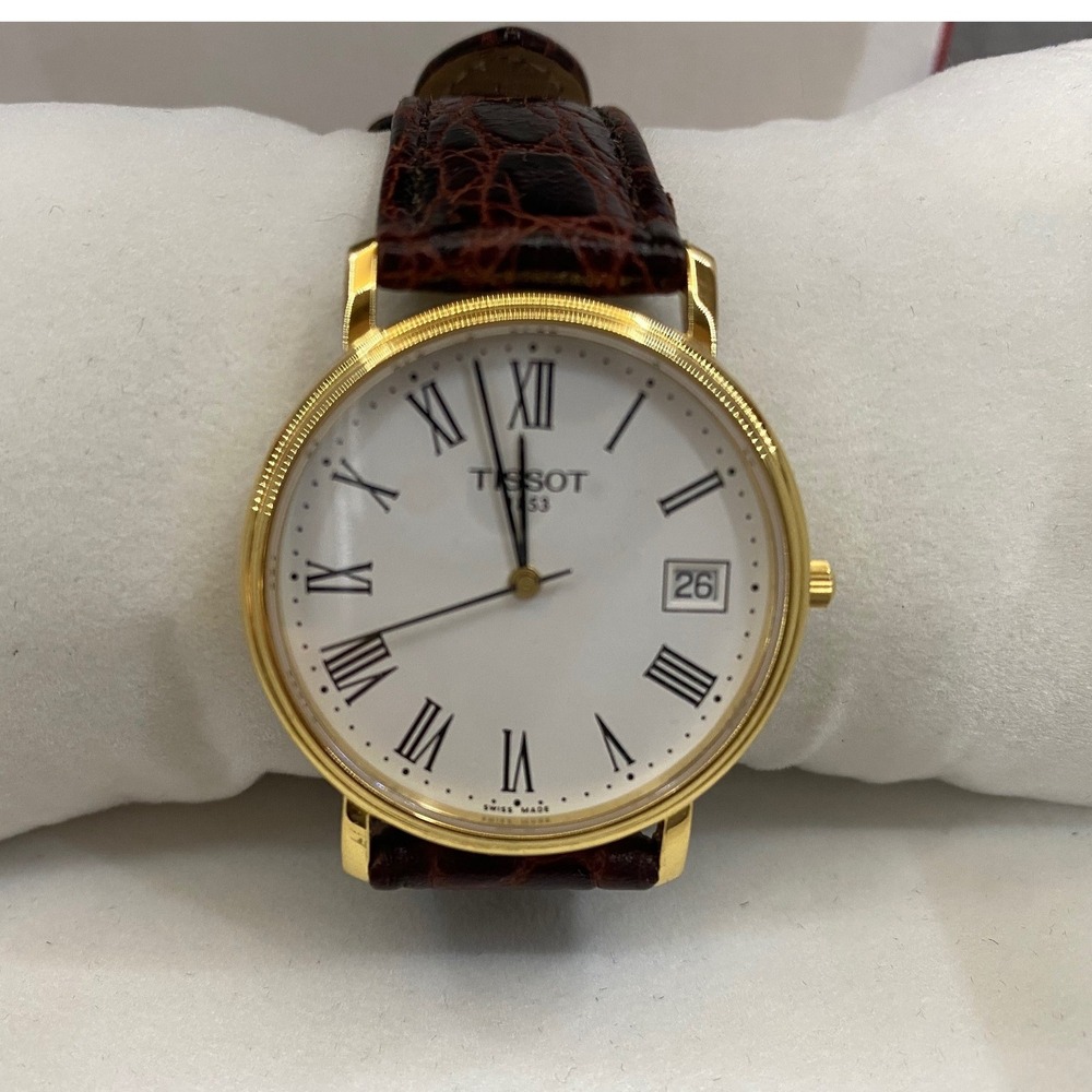 Tissot 1853 Desire Mens Watch Gold Tone White Roman Dial Brown Leather T870/970